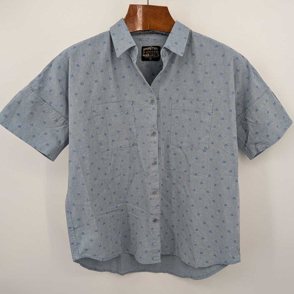 United By Blue Chambray Short Sleeve Button Up Shirt XL Blue Print Casual Preppy